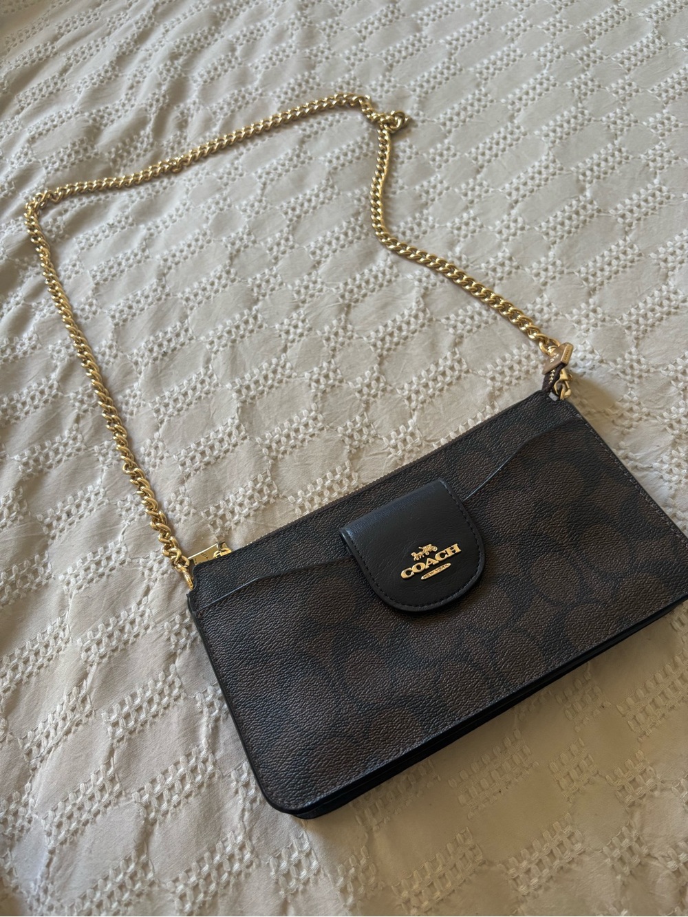 Coach Dark Brown Signature Crossbody with Gold Chain